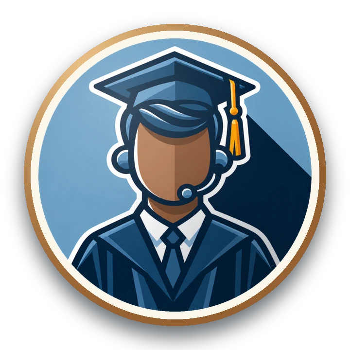 An intake specialist in a headset, wearing a graduate cap